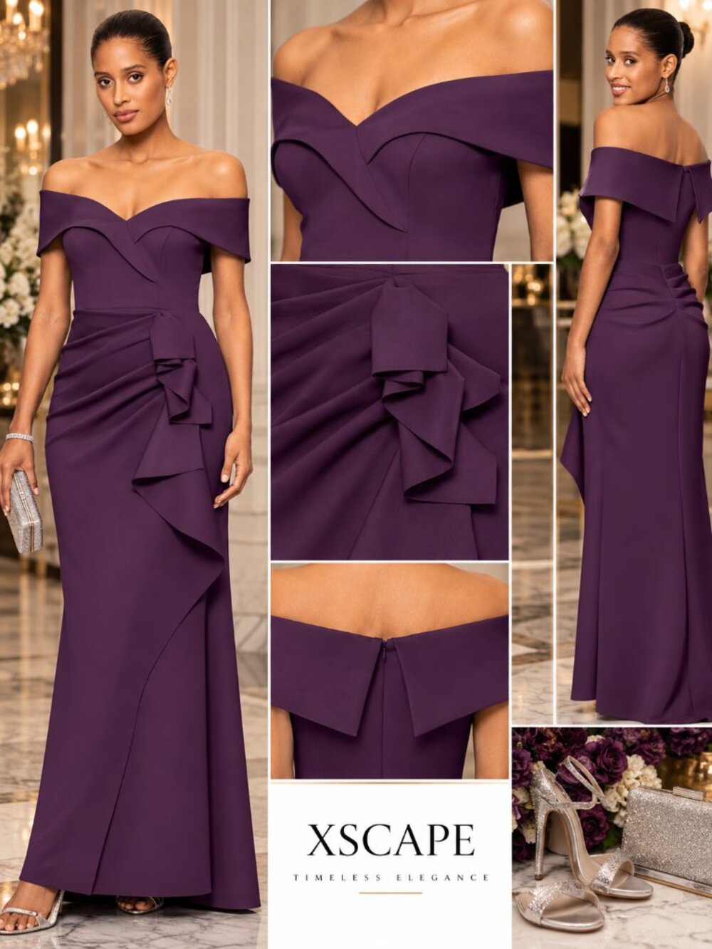 XSCAPE Plum Off Shoulder Ruffle Formal Evening Gown Size 12 NWT